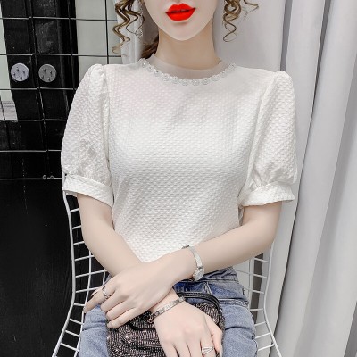 AIYIKU网眼圆领雪纺女式衬衫2026年夏季新款韩版时尚纯色女式T恤